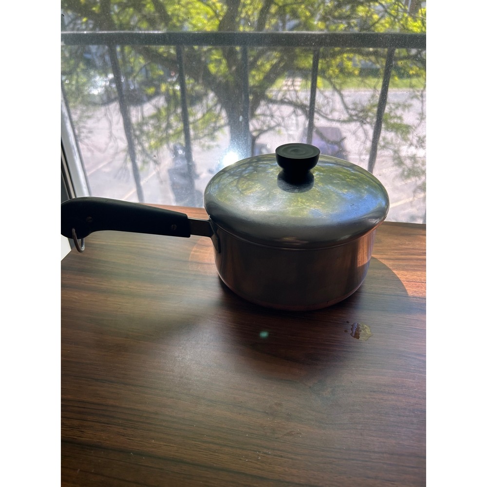 Vintage Revere Ware 2 Qt Saucepan Copper Bottom Pre-1968 Double Ring Logo Lid